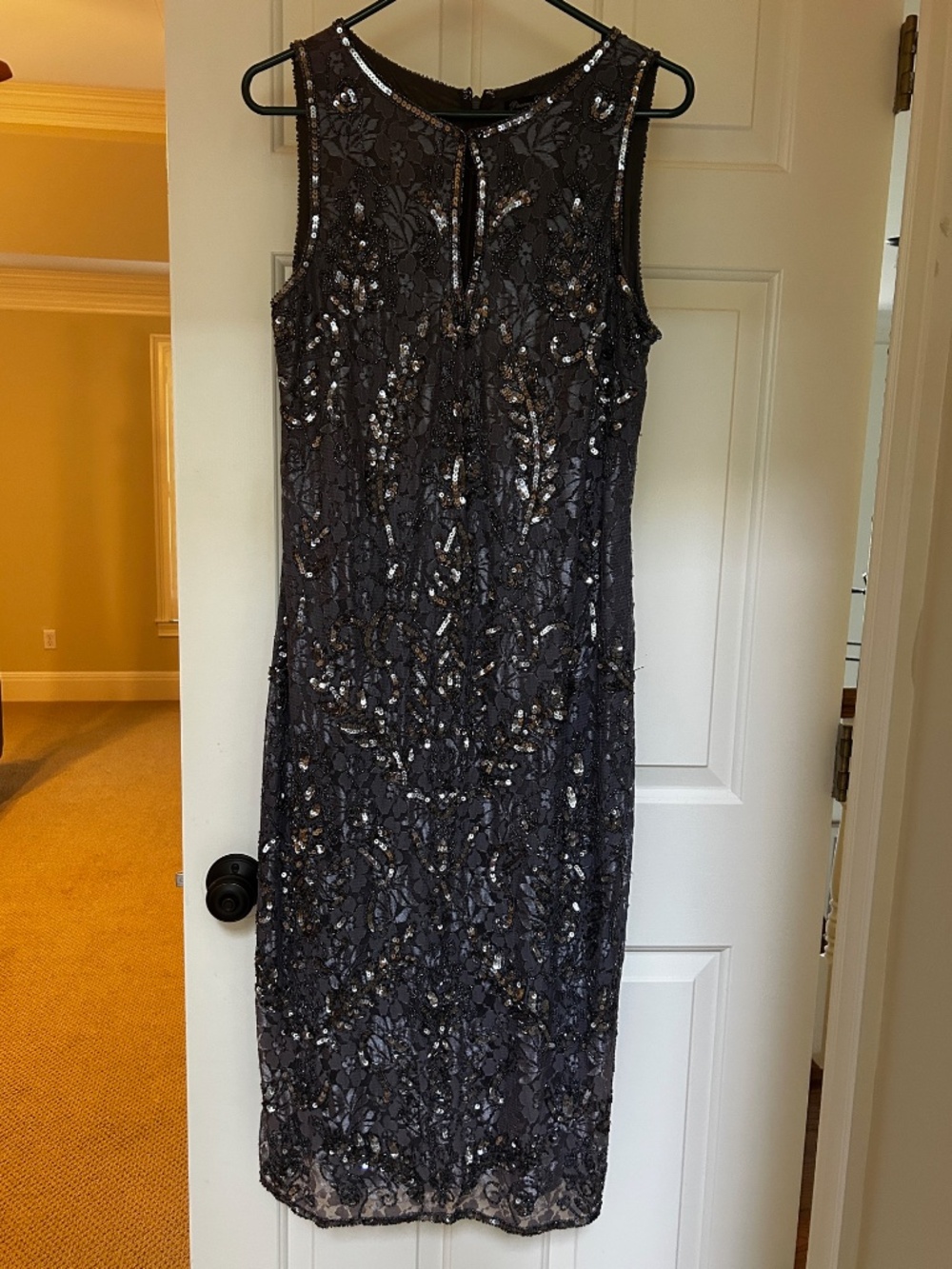 Sequined column dress, charcoal, 12